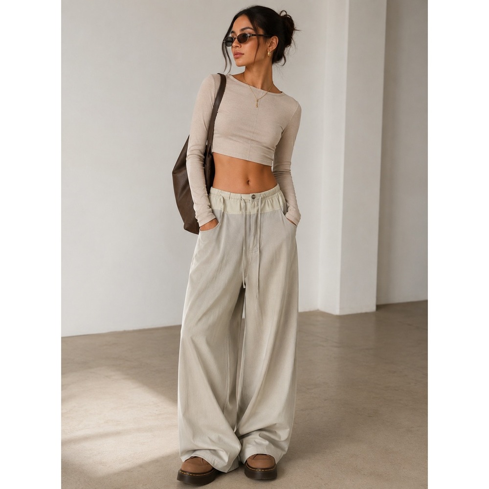 Commense Beige Wide Leg Drawstring Waist Casual Trousers Pants Size L